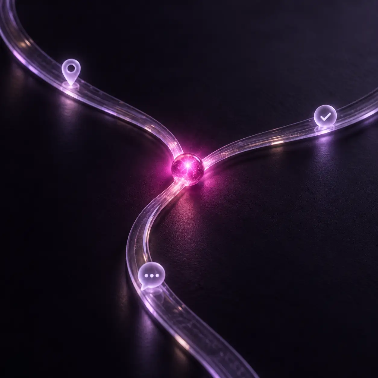 Caminho de luz com um ponto de decisão iluminado entre a busca, a prova de confiança e o contato